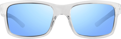 A pair of blue polarized sunglasses with a wraparound design.