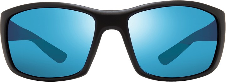 A pair of square-framed, wrap-around sunglasses with a dark color and polarized  blue lenses.