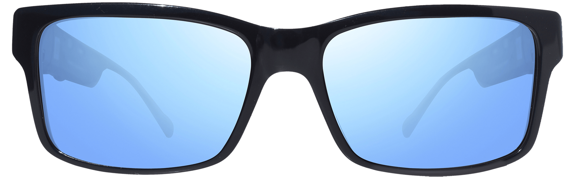 A pair of black sunglasses with blue polarized lenses.
