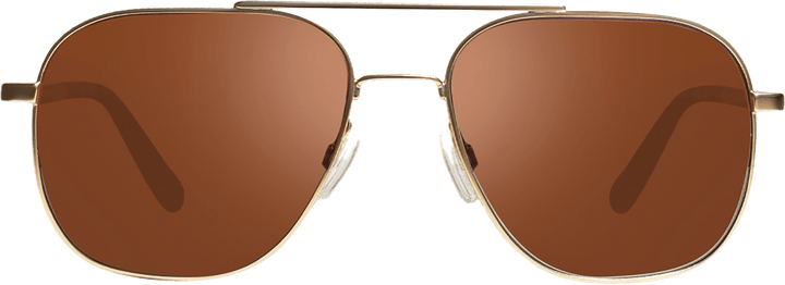 Logan aviator sunglasses with brown lenses and gold frame seen from the front