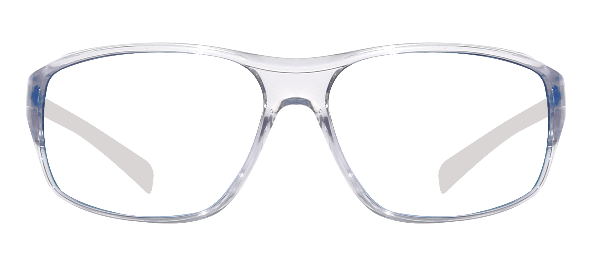 Clear-framed sunglasses with green lenses and dark brown temple accents, shown against a plain white background.