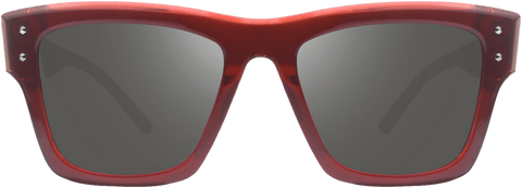 A pair of sunglasses with a geometric angular silhouette, featuring a red frame and gray polarized lenses.