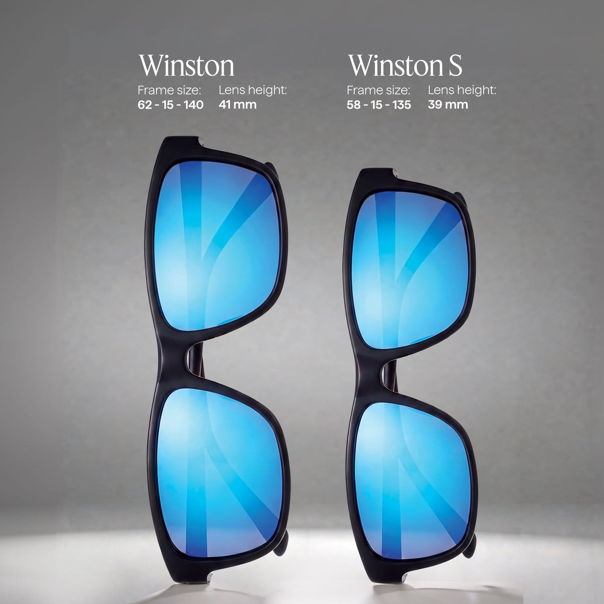 Winston S square frame sunglasses with blue mirrored lenses arranged in a row on a reflective surface