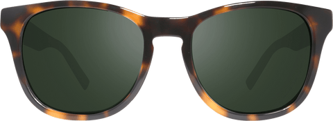 Tortoiseshell acetate sunglasses with dark green crystal glass lenses and a curved bridge.