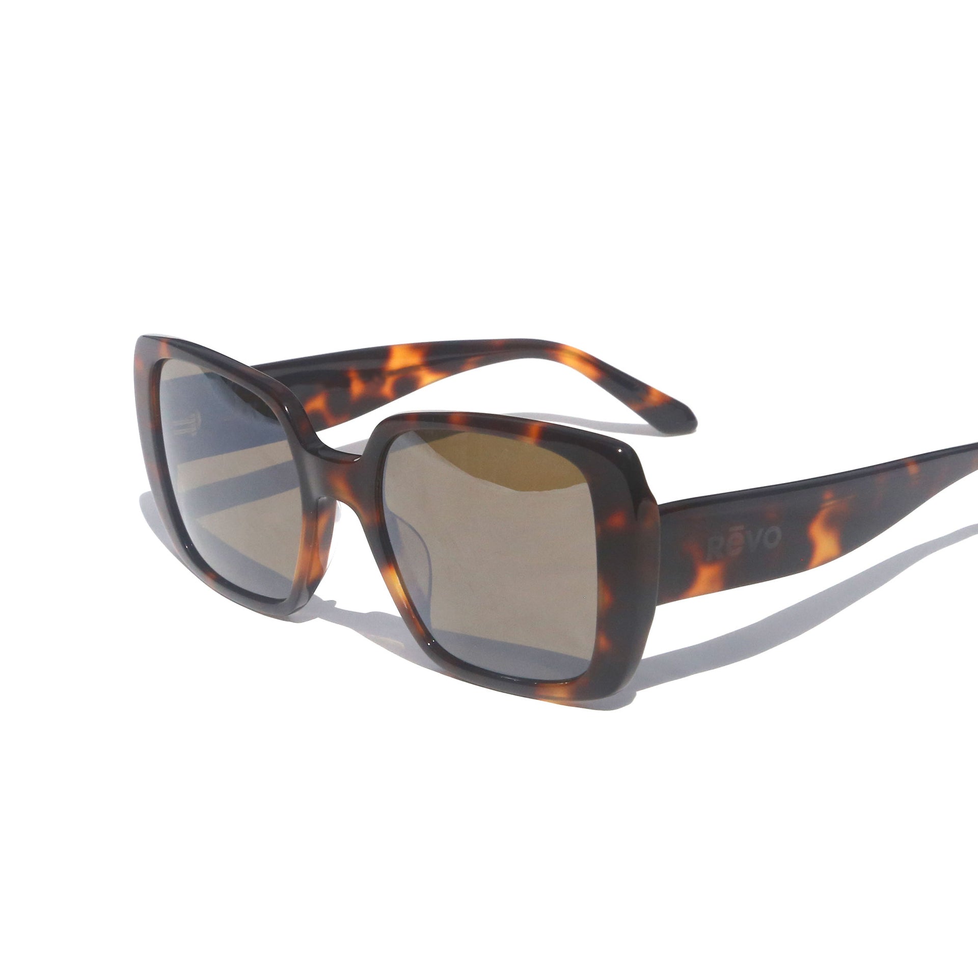 Sunglasses with tortoiseshell frame and dark lenses on a white background