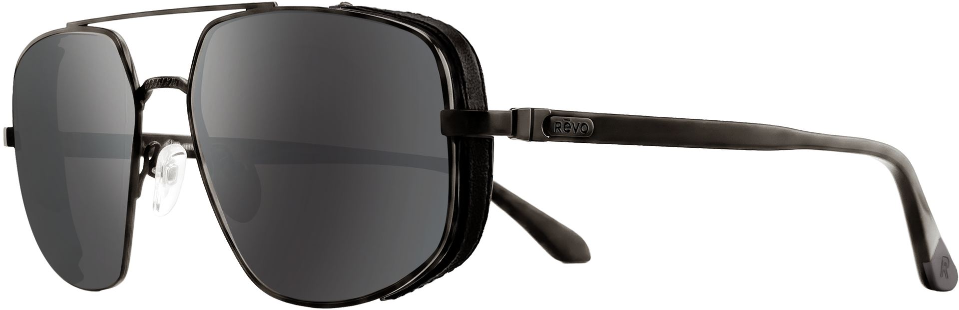 A pair of black aviator-style sunglasses with dark gray lenses, featuring a double-bridge design and thick temples, shown on a plain white background.
