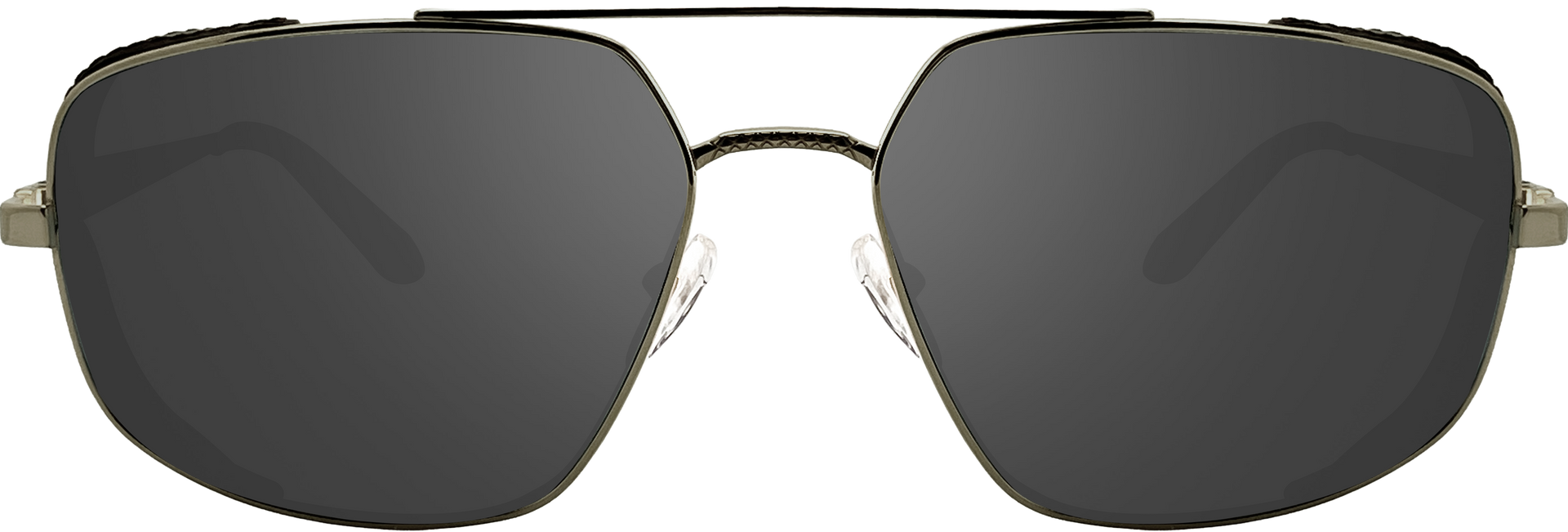 A pair of aviator-style sunglasses with a thin gold-toned metal frame and dark gray lenses, shown against a plain white background.