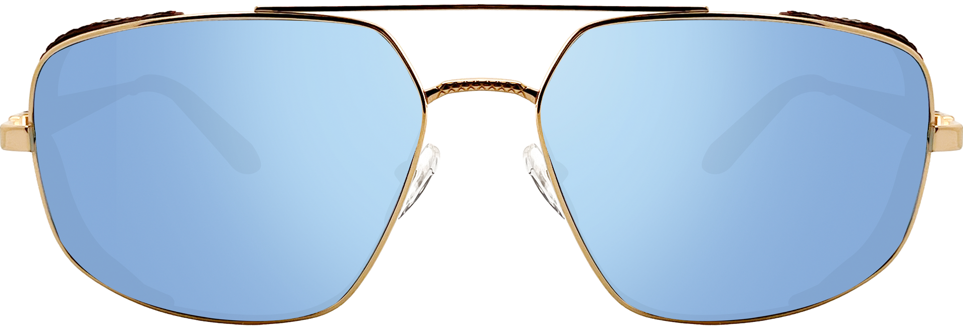 A pair of aviator-style sunglasses with a gold-tone metal frame and light blue mirrored lenses, shown against a plain white background.