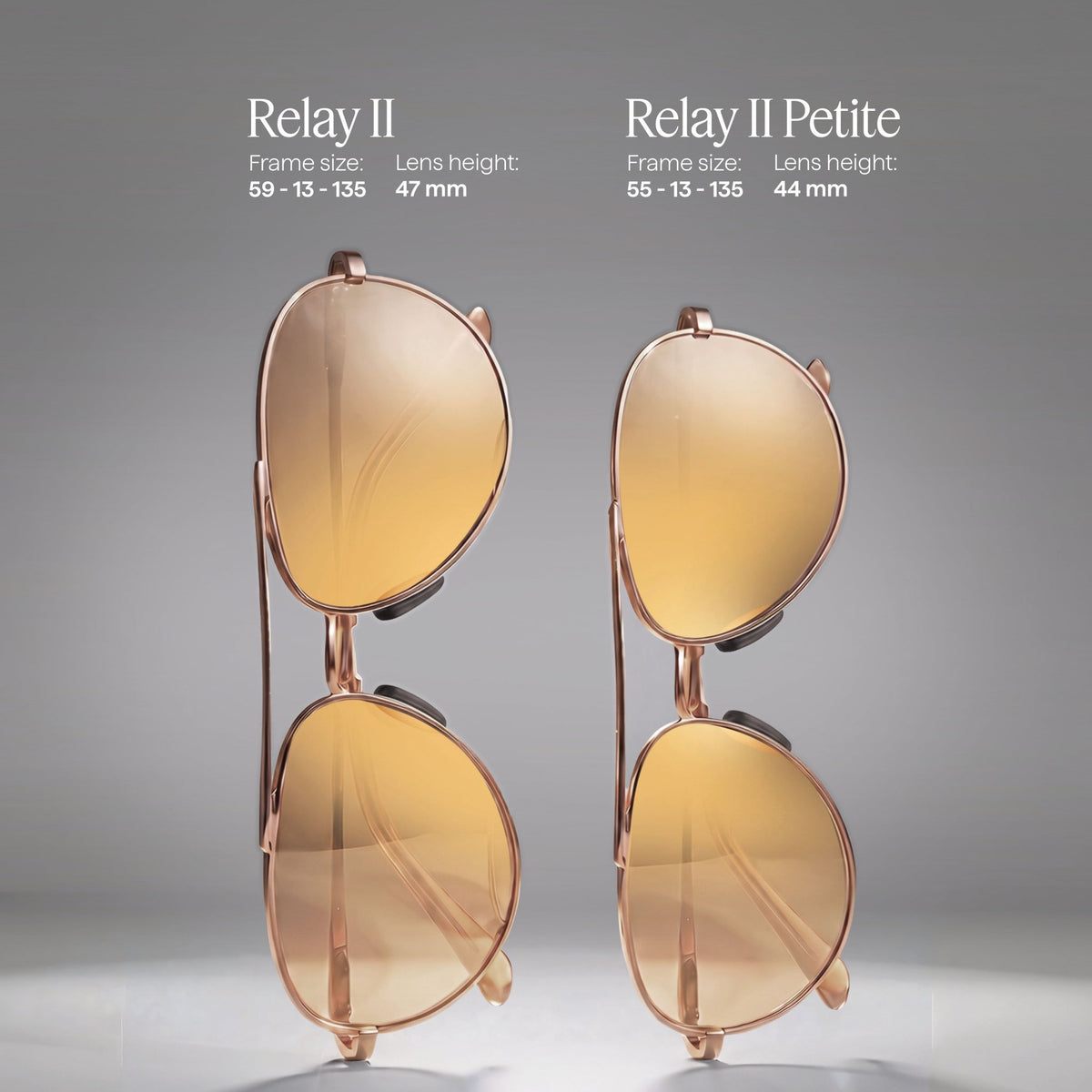 Close-up of rose gold Relay II sunglasses with gradient lenses on display against a gray backdrop
