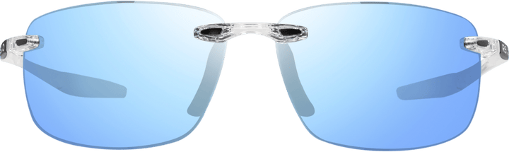 Rimless blue sunglasses with polarized lenses and a metallic frame.