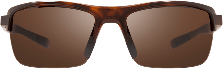A pair of semi-rimless, wrap-around sunglasses with brown lenses and a tortoise frame.