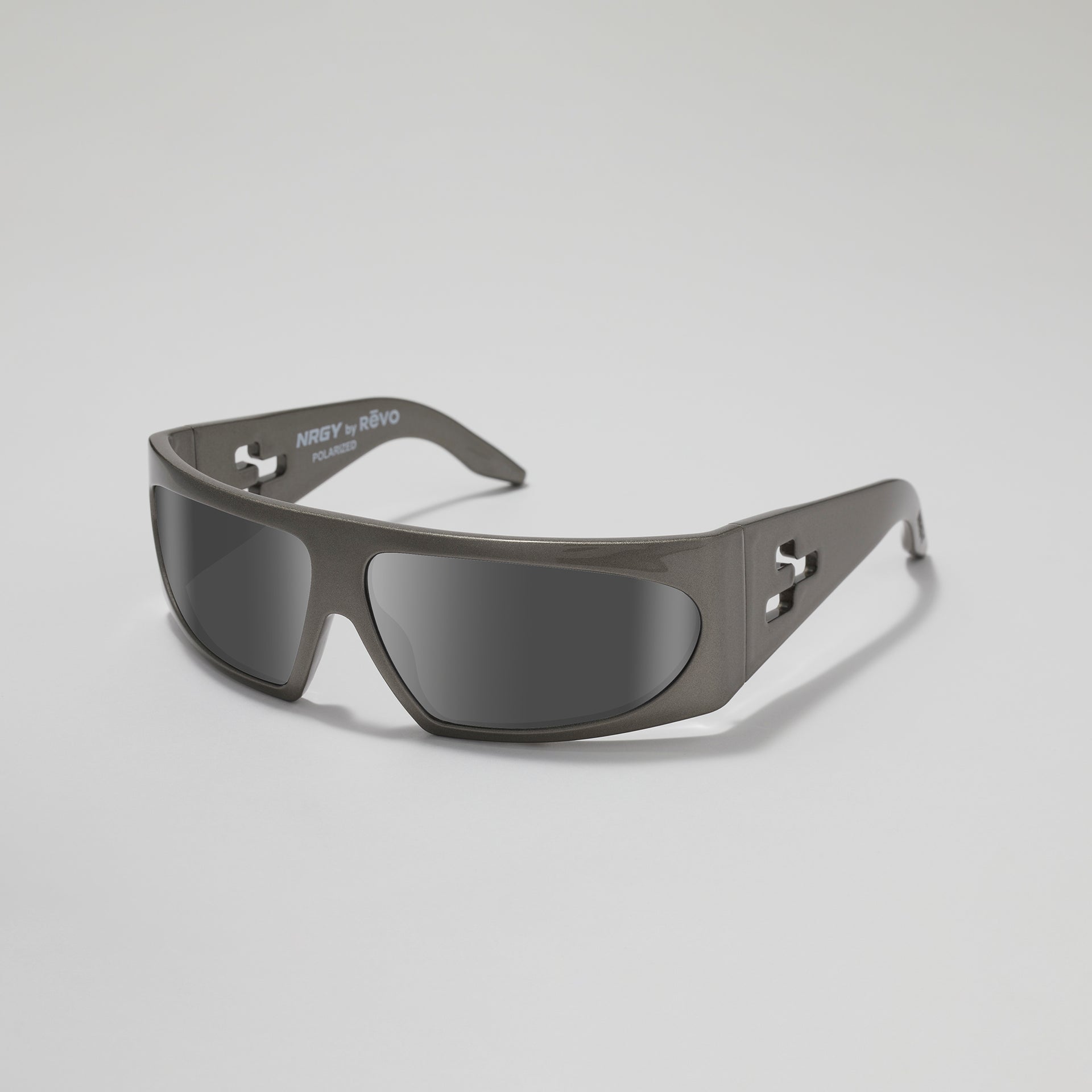 Gray sunglasses with a brand logo on a light gray background