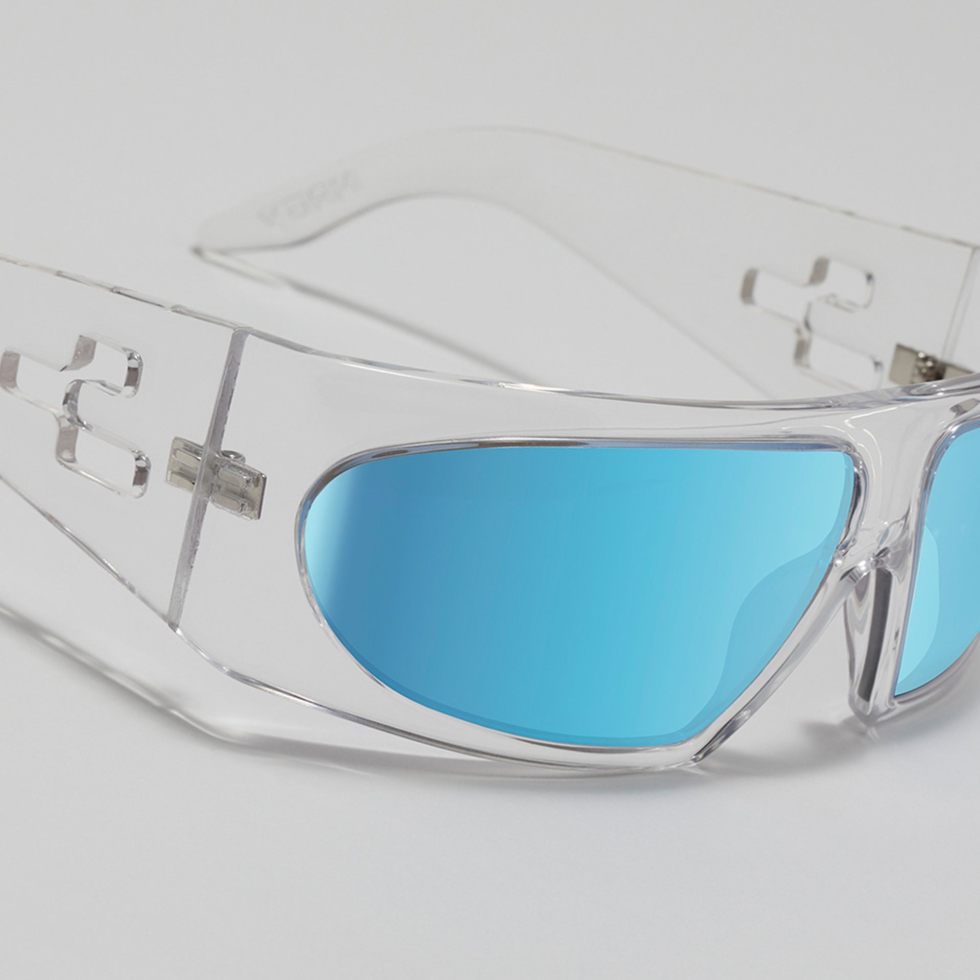 Clear sunglasses with blue lenses on a white background