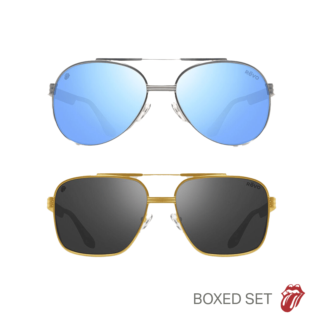 Satisfaction LTD Box Set includes two sunglasses a blue mirrored aviator and a gold framed navigator in premium collector packaging