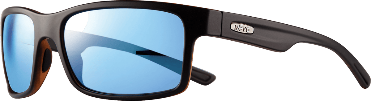 Clear translucent frame sunglasses with blue mirrored lenses and REVO logo on the temple.
