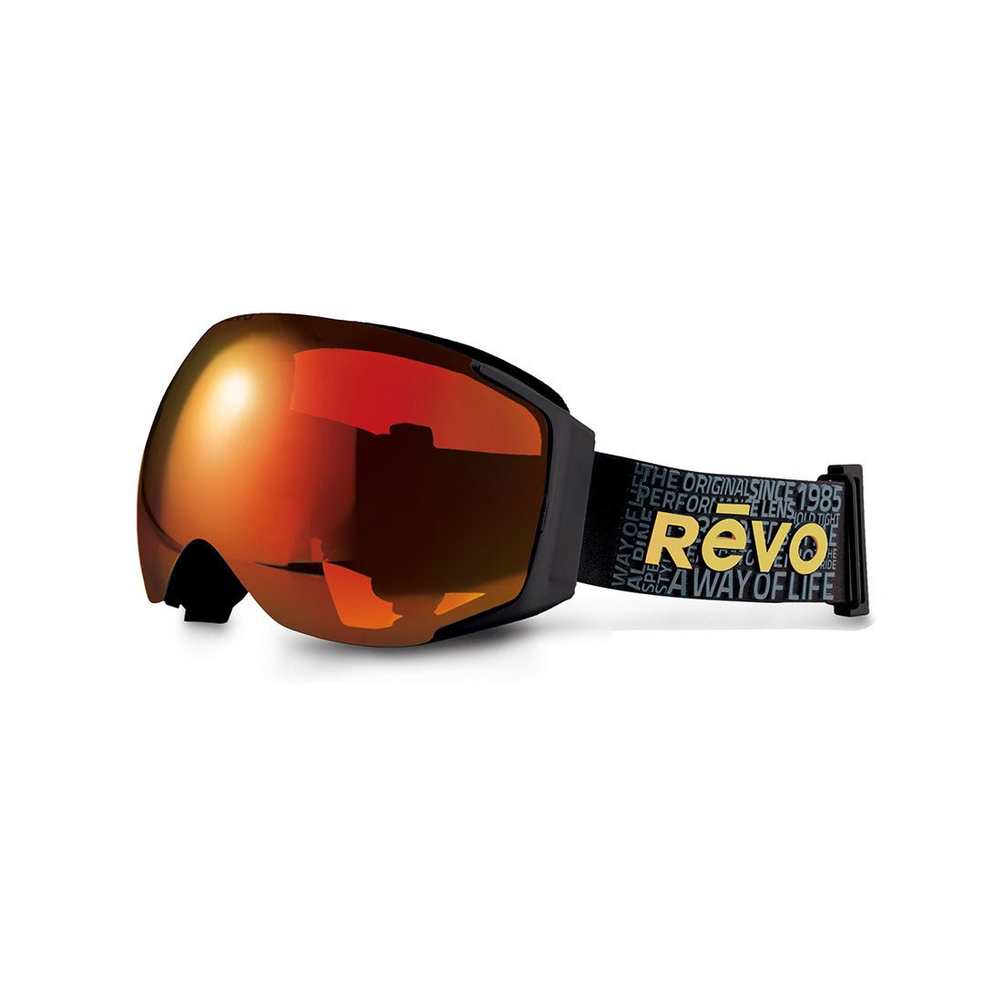 Ski goggles with orange lens and black frame on a white background, featuring the Revo brand.