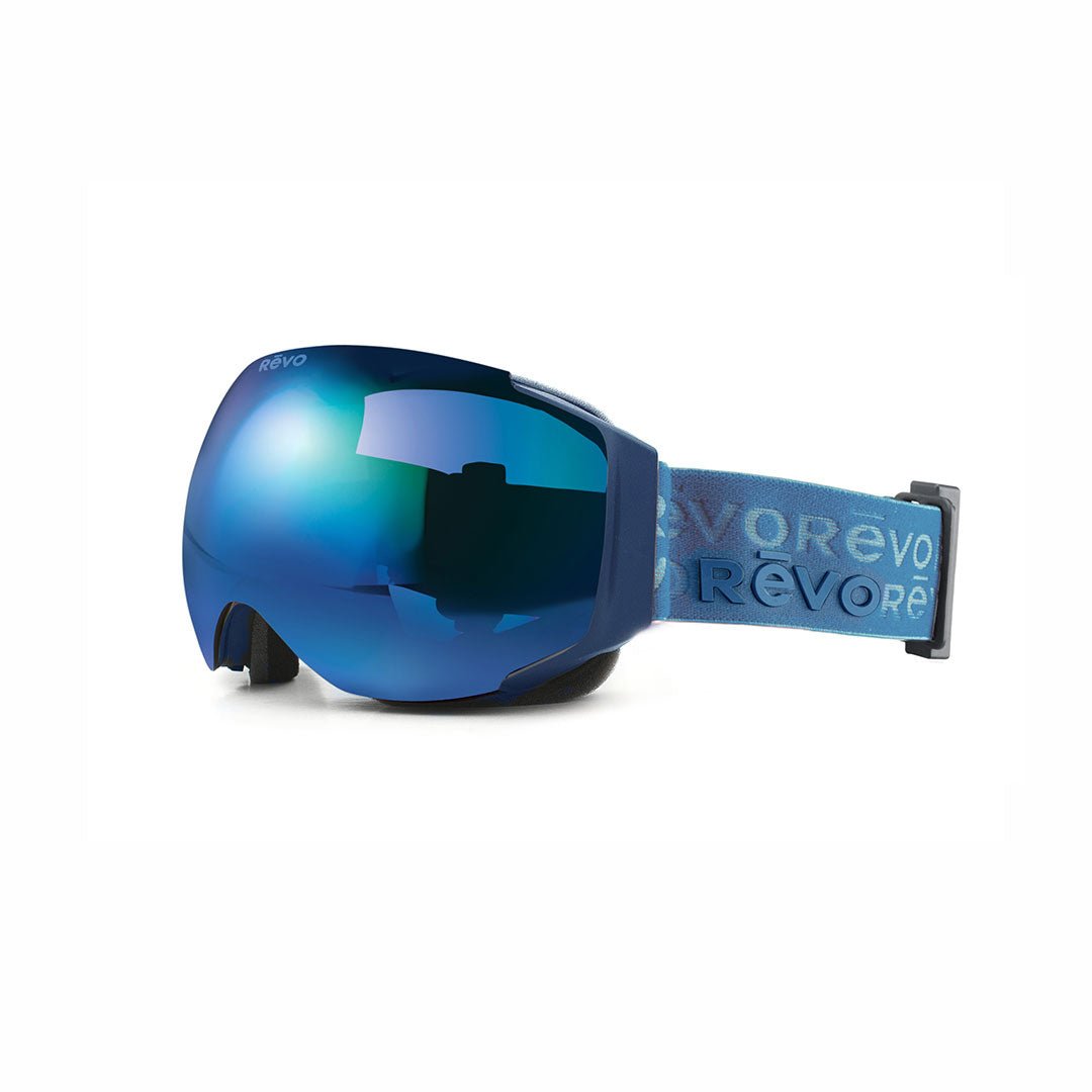 Blue ski goggles with 'REVO' branding on a white background