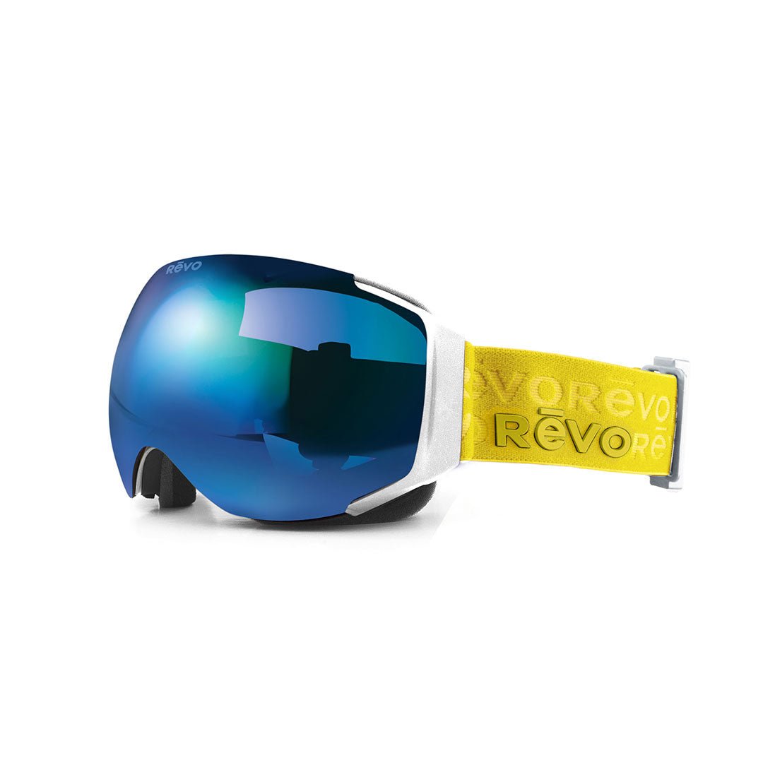 Blue ski goggles with a yellow strap on a white background