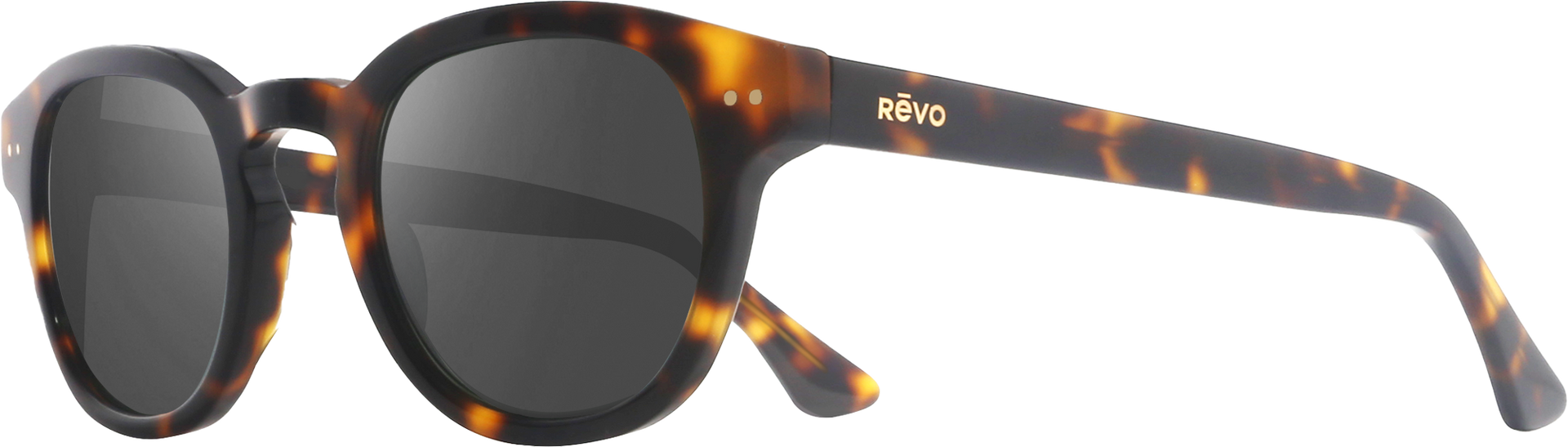 Revo sunglasses with tortoiseshell frame and dark lenses on a white background