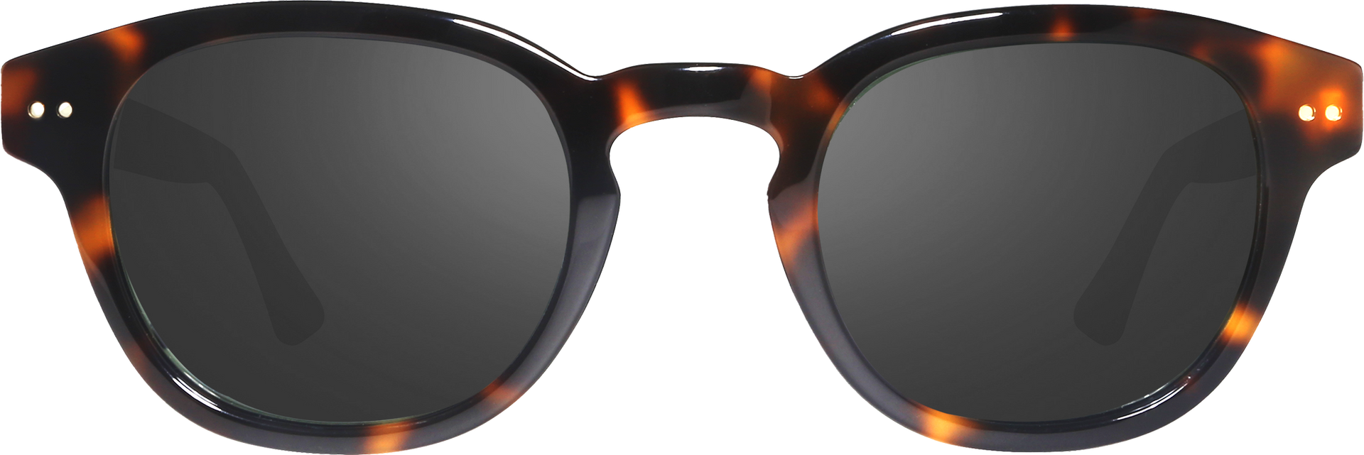 Sunglasses with tortoiseshell frame and dark lenses on a white background