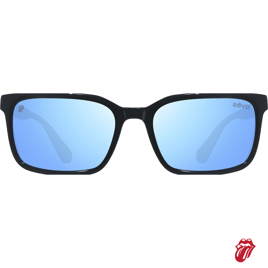 Black square sunglasses with mirrored blue lenses, featuring the Rolling Stones logo on the bottom right corner of the frame and a red logo overlay in the bottom right of the image.