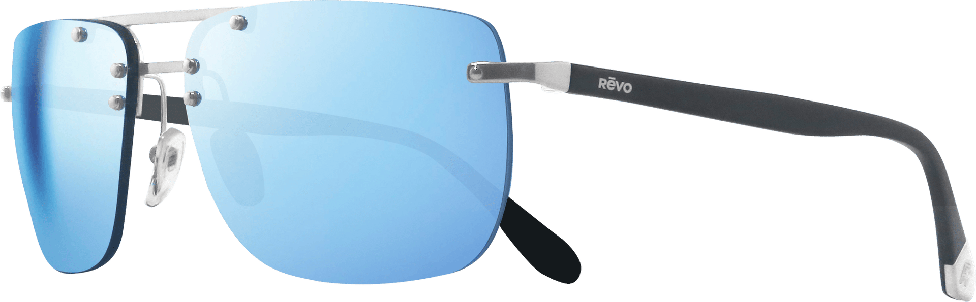 Sunglasses with blue lenses and black frames on a white background