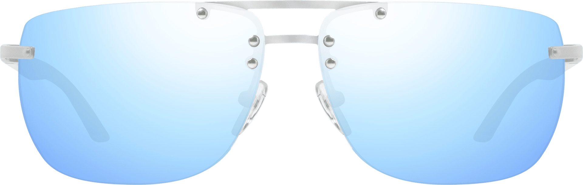 Sunglasses with blue lenses and silver frame on a white background