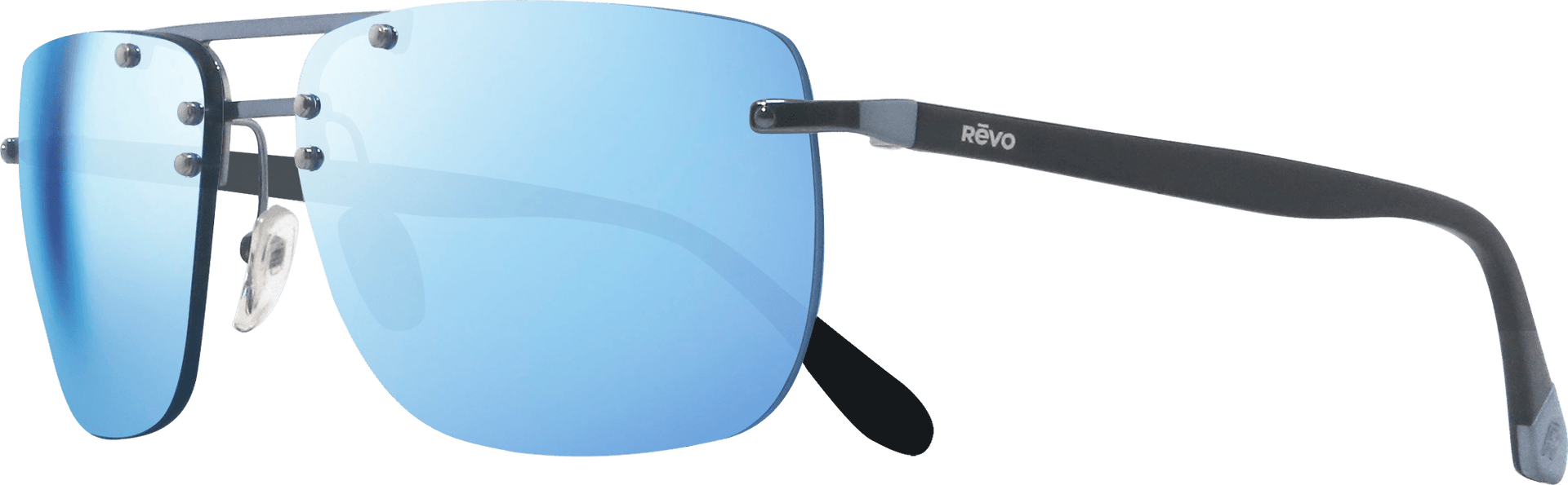 Sunglasses with blue lenses and black frame on a white background
