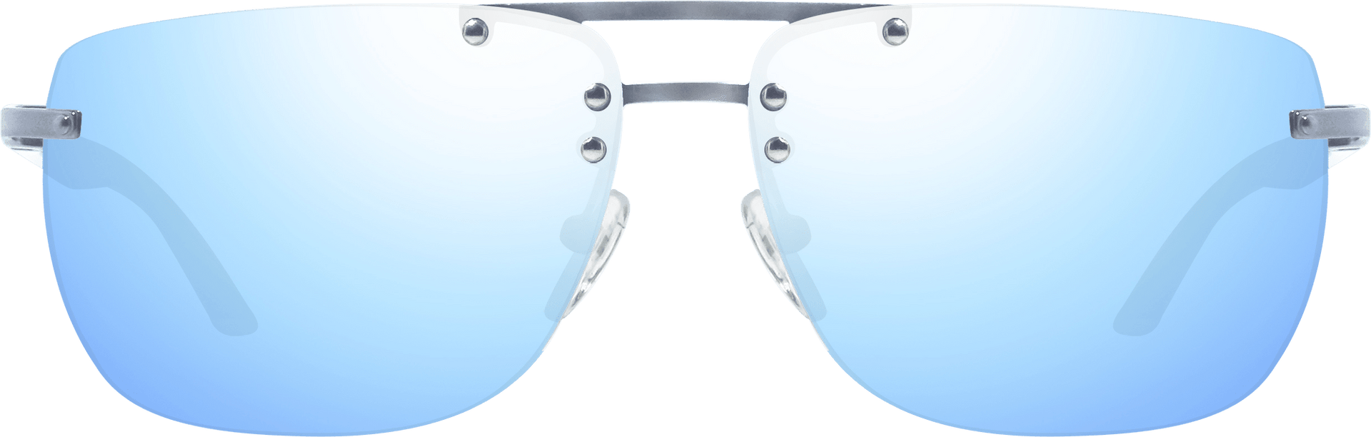 Sunglasses with blue lenses and silver frame on a white background
