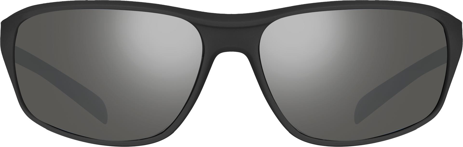 Black sunglasses with reflective lenses on a white background