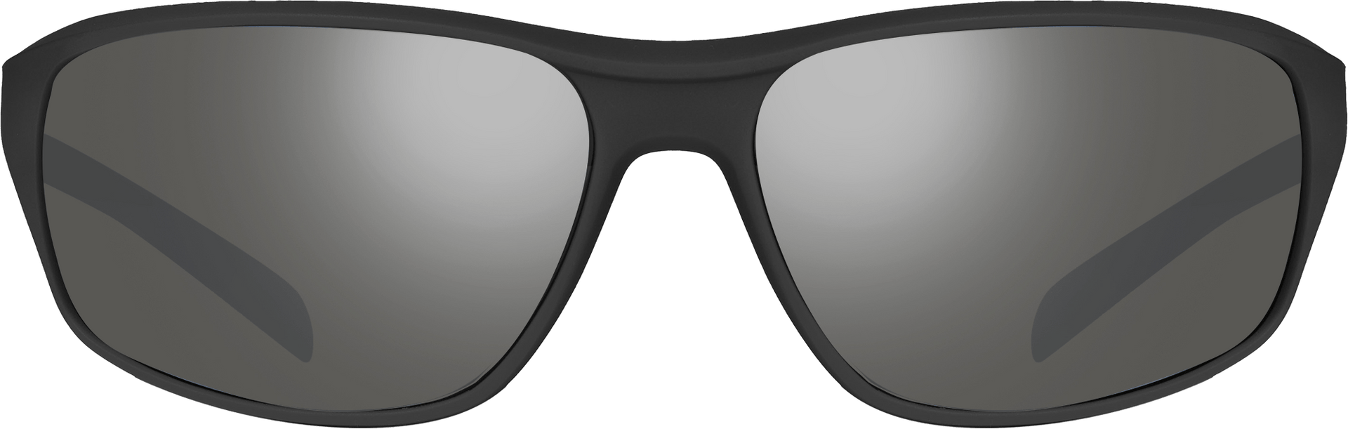 Black sunglasses with reflective lenses on a white background