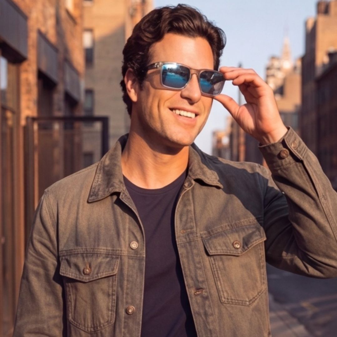 A smiling man outdoors in a city street wearing reflective blue-tinted square sunglasses, a dark navy T-shirt, and an olive-brown jacket. He is adjusting one lens of the sunglasses with his right hand.