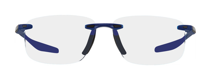 Rimless prescription sunglasses with clear blue frame