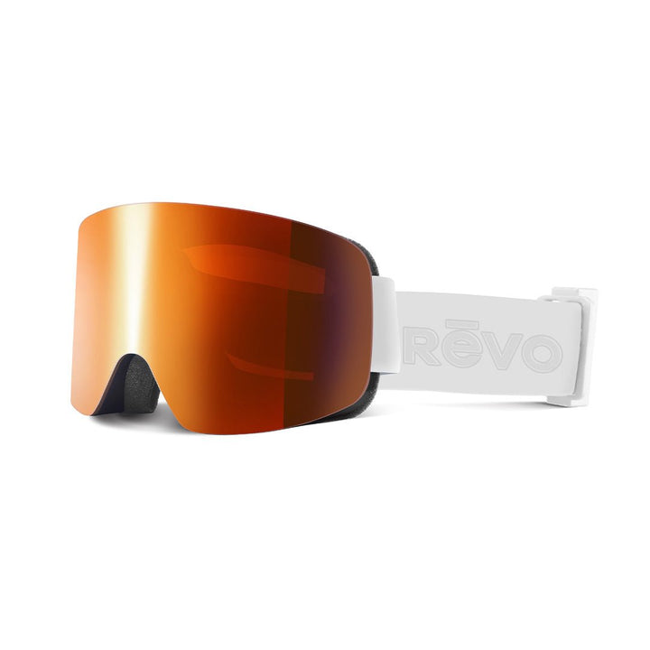 Solstice No. 9 ski goggles with orange mirrored lens and white strap