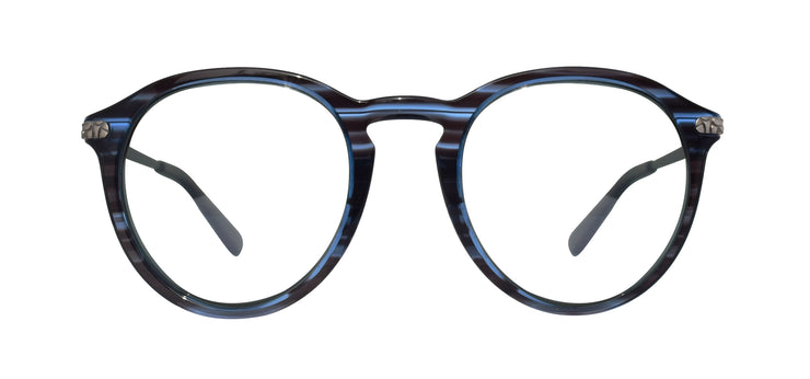 Round keyhole prescription sunglasses with snake detail and blue frame