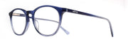 Side view of round blue light glasses with clear blue gradient frame