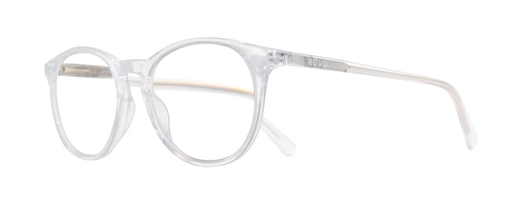 Side view of round blue light glasses with clear frame
