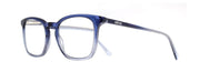 Side view of vintage keyhole square blue light blocking glasses with clear blue frame