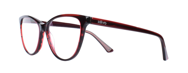 Side view of cat eye blue light blocking glasses with red frame